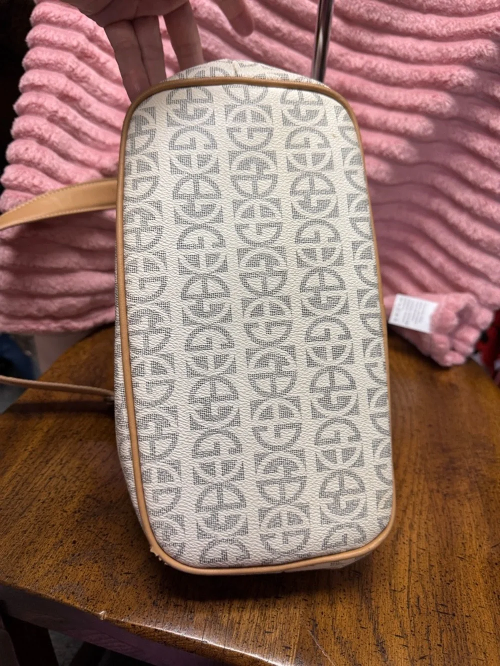 Giani Bernini Ivory‎ Logo-Print Shoulder Bag with Tan Trim